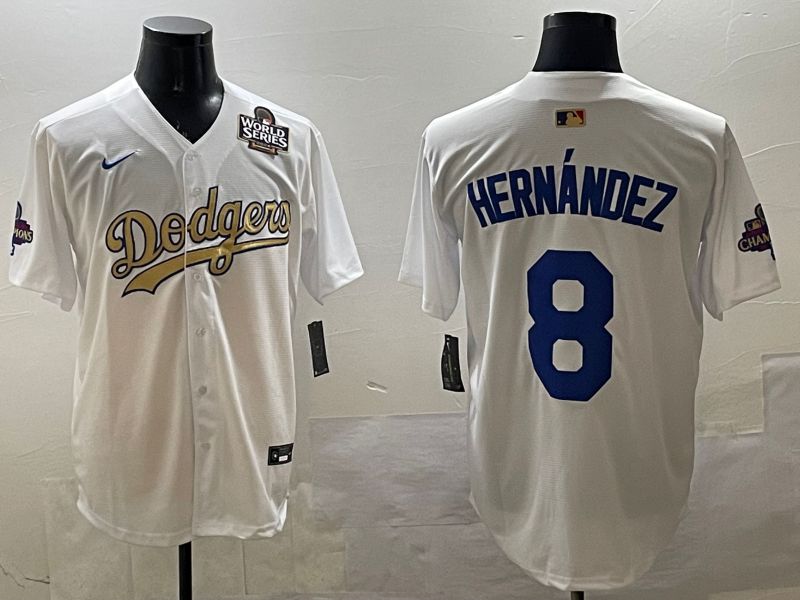 Men Los Angeles Dodgers #8 Hernandez White Champion gold character 2025 Nike MLB Jersey style 3312